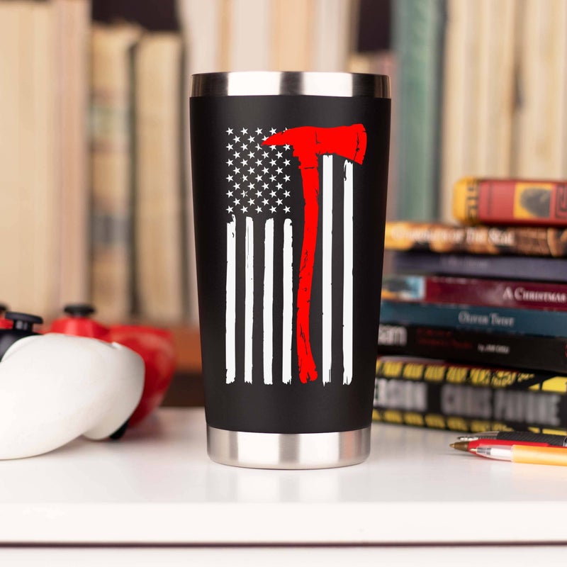 JENVIO Firefighter Gifts for Men | Stainless Steel Travel Tumbler/Mug with Lid for Coffee Cup| Thin Red Line Flag Design for Fireman | Fire Department | First Responder Valentine's Day Gift (20oz Black) - Image 5